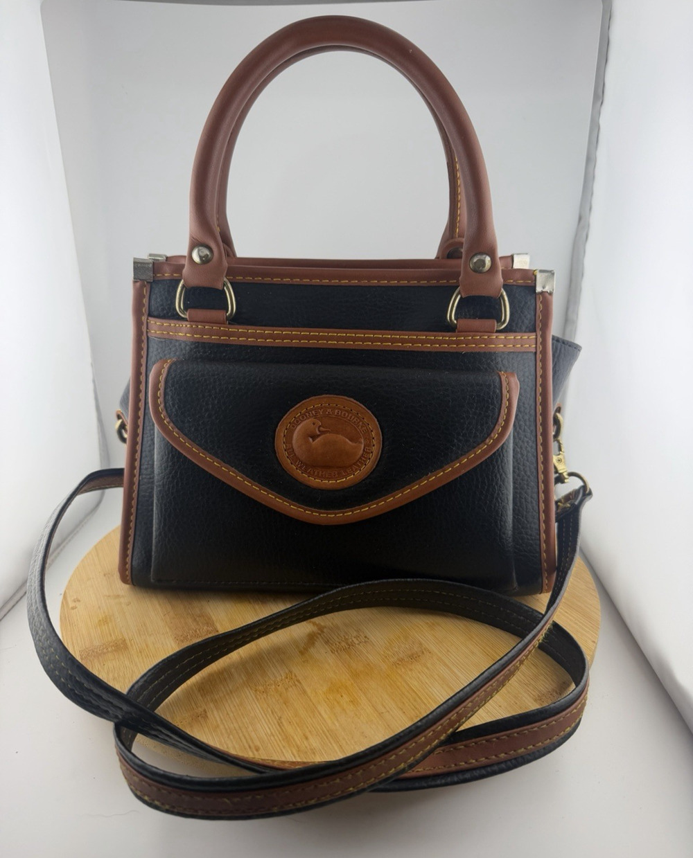 Vintage Black & Tan Structured Satchel Crossbody Bag Duck Logo Vintage Style